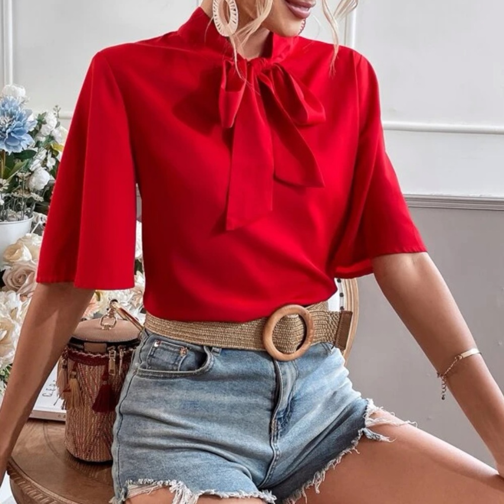 Red tie neck flounce sleeve blouse - Picture 4 of 6